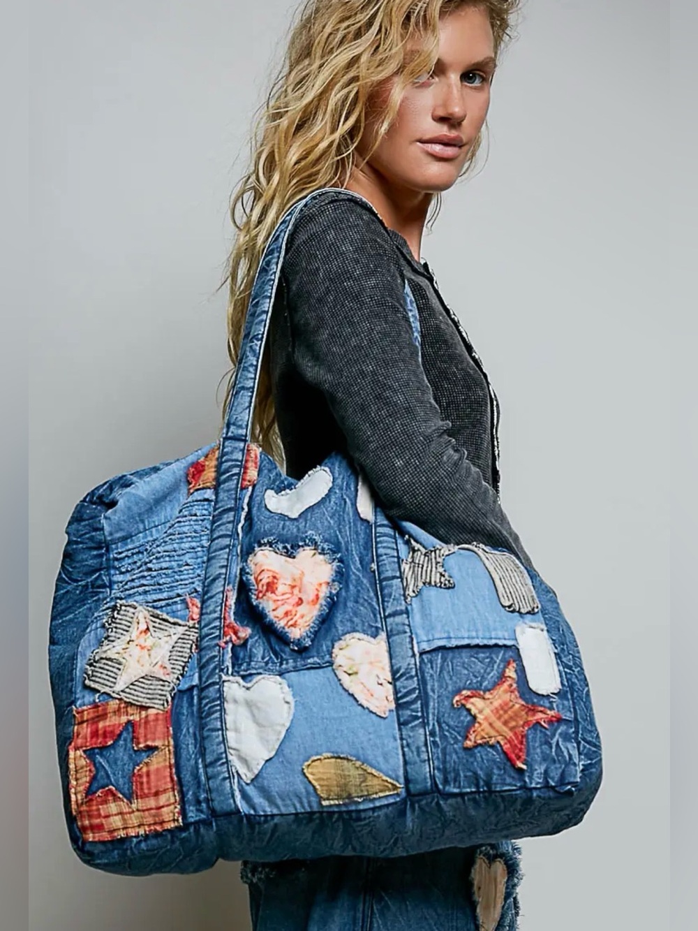 POL Denim Patchwork Weekend Large Tote Bag